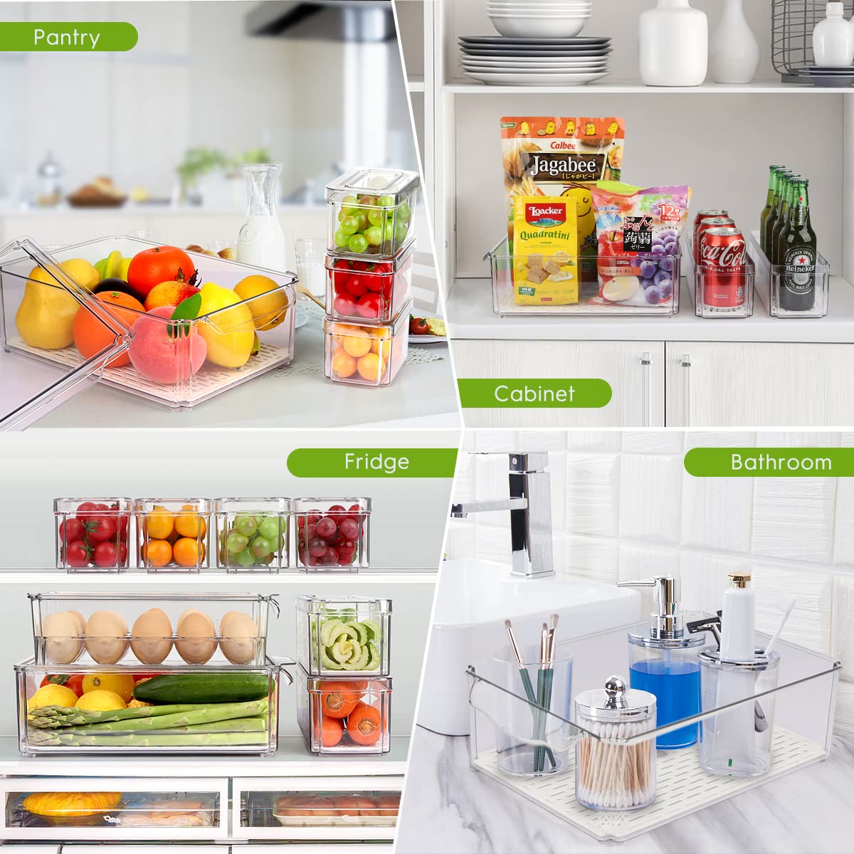 8 Pack Fridge Organizer with Egg Holder, PBA-Free Refrigerator Organizer Bins with Lids, Stackable Plastic Pantry Organizer Bins for Kitchen, Countertops, Cabinets, Fridge, Fruits, Vegetable, Cereals