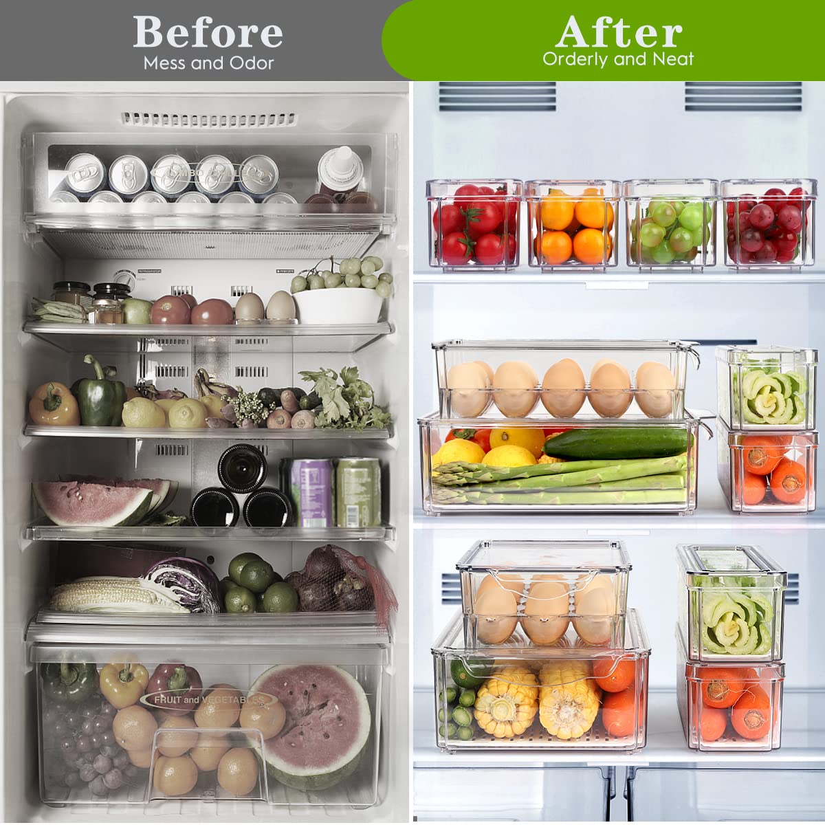 8 Pack Fridge Organizer with Egg Holder, PBA-Free Refrigerator Organizer Bins with Lids, Stackable Plastic Pantry Organizer Bins for Kitchen, Countertops, Cabinets, Fridge, Fruits, Vegetable, Cereals