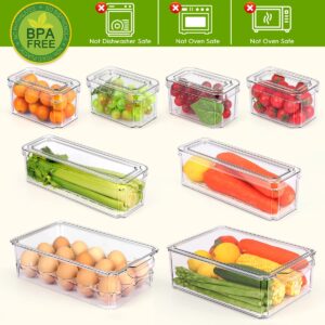 8 Pack Fridge Organizer with Egg Holder, PBA-Free Refrigerator Organizer Bins with Lids, Stackable Plastic Pantry Organizer Bins for Kitchen, Countertops, Cabinets, Fridge, Fruits, Vegetable, Cereals