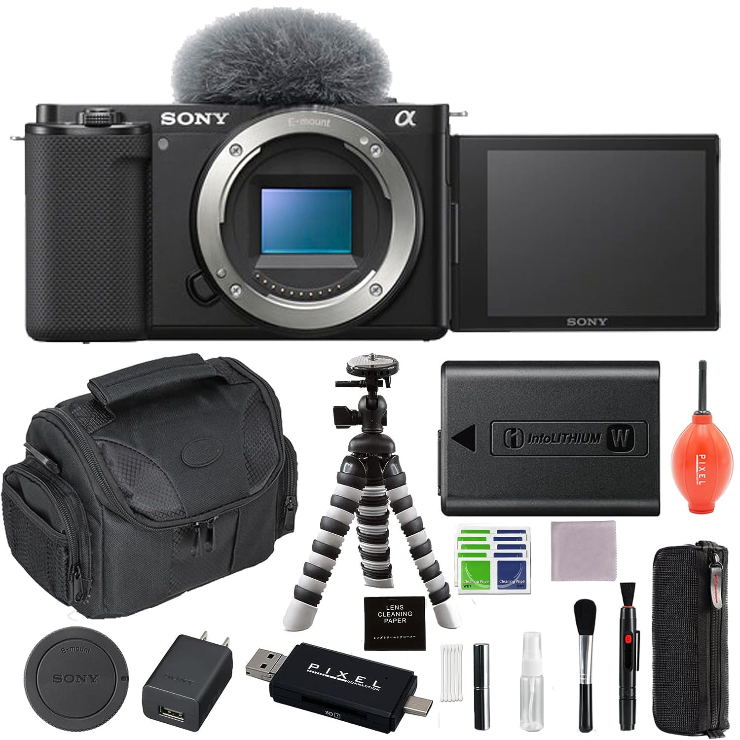 Sony Alpha ZV-E10 Mirrorless Camera Bundle with Gadget Bag, Flexible Tripod & Accessories (6 Items), Black (ILCZV-E10/B)