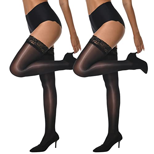 MANZI Sheer Shiny Thigh High Stockings 2 Pairs Silky lingerie Pantyhose for Women with Stay Up Silicone Lace Top(2 Black, S/M)