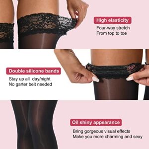 MANZI Sheer Shiny Thigh High Stockings 2 Pairs Silky lingerie Pantyhose for Women with Stay Up Silicone Lace Top(2 Black, S/M)