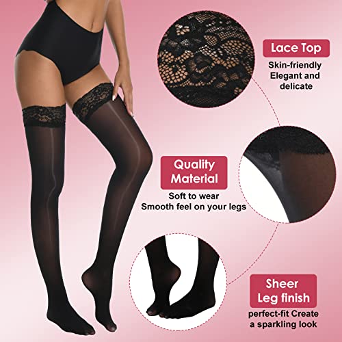 MANZI Sheer Shiny Thigh High Stockings 2 Pairs Silky lingerie Pantyhose for Women with Stay Up Silicone Lace Top(2 Black, S/M)