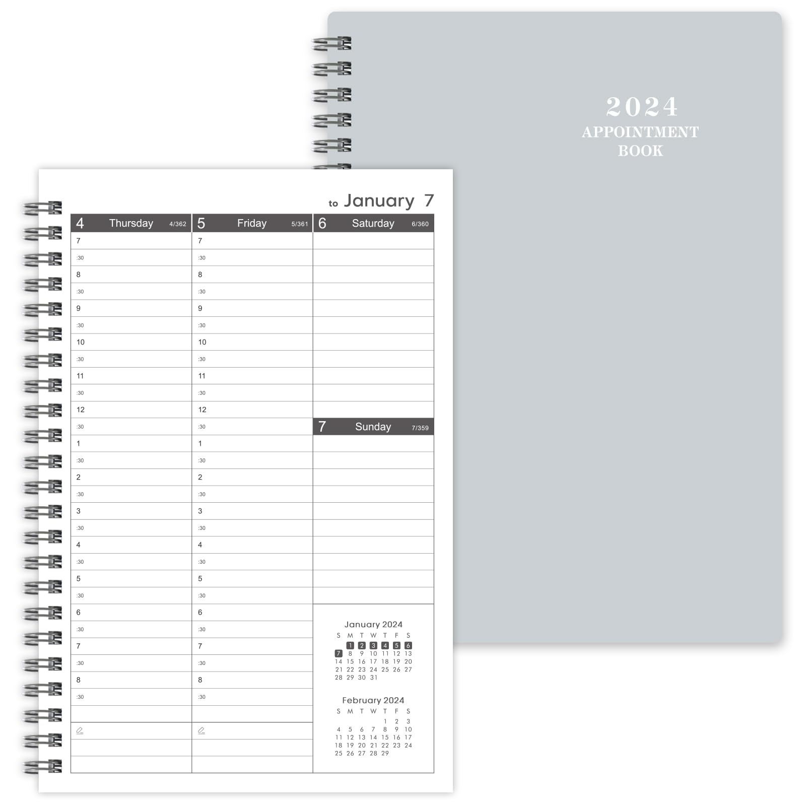 2024 Weekly Appointment Book/Planner - Jan 2024 - Dec 2024, 2024 Daily Hourly Planner, 6.3" x 8.5", Half Hour (30 Mins) Interval, Tabs, Strong Binding, Lay-Flat, Two-Side Pocket, Thick Paper - Gray