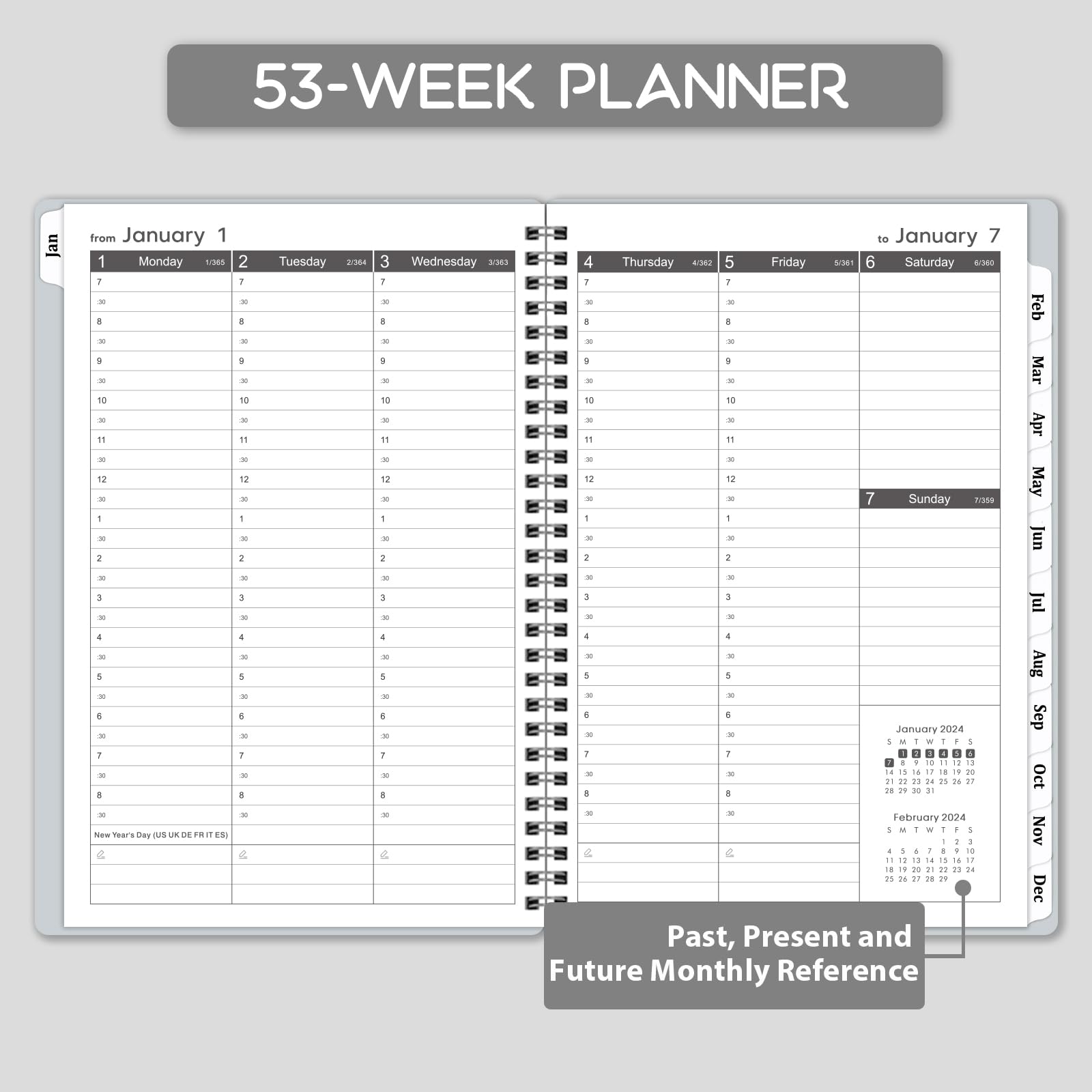 2024 Weekly Appointment Book/Planner - Jan 2024 - Dec 2024, 2024 Daily Hourly Planner, 6.3" x 8.5", Half Hour (30 Mins) Interval, Tabs, Strong Binding, Lay-Flat, Two-Side Pocket, Thick Paper - Gray