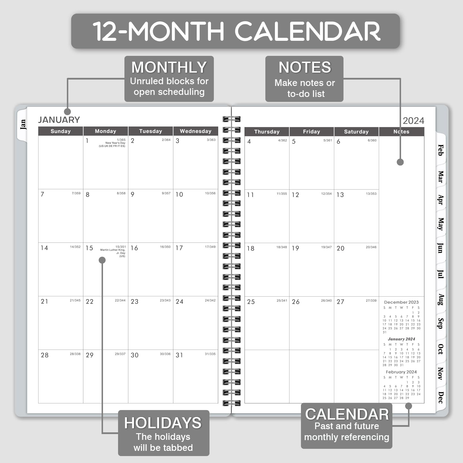 2024 Weekly Appointment Book/Planner - Jan 2024 - Dec 2024, 2024 Daily Hourly Planner, 6.3" x 8.5", Half Hour (30 Mins) Interval, Tabs, Strong Binding, Lay-Flat, Two-Side Pocket, Thick Paper - Gray