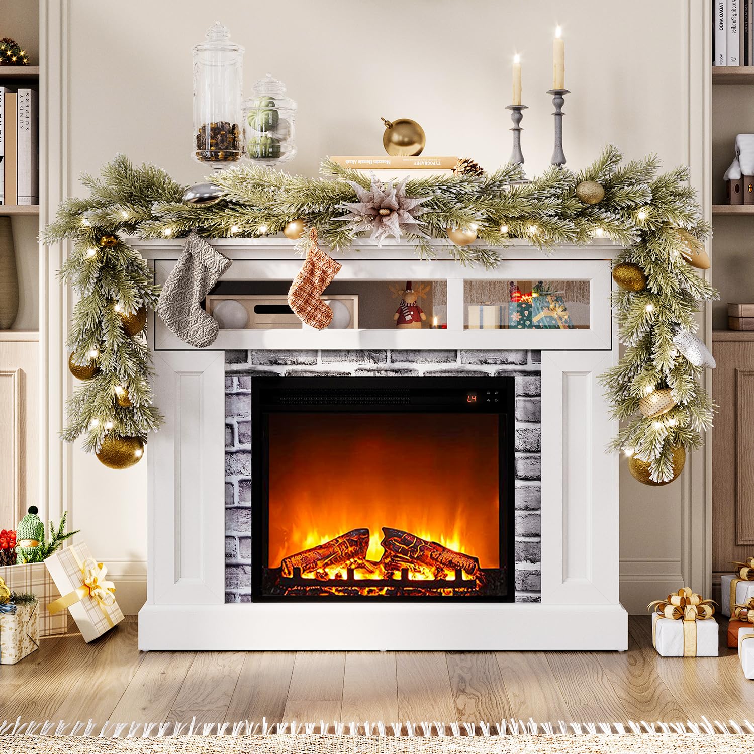 LINSY HOME Electric Fireplace Mantel, LED Faux Fireplace Heater with Remote Control & Adjustable Flame, Wooden Surround Firebox TV Console Table Free Standing Built-in Cabinet with Sliding Glass Door