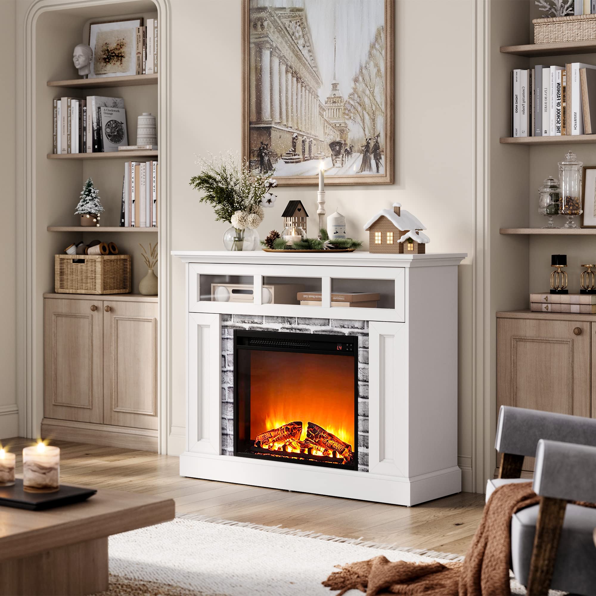 LINSY HOME Electric Fireplace Mantel, LED Faux Fireplace Heater with Remote Control & Adjustable Flame, Wooden Surround Firebox TV Console Table Free Standing Built-in Cabinet with Sliding Glass Door