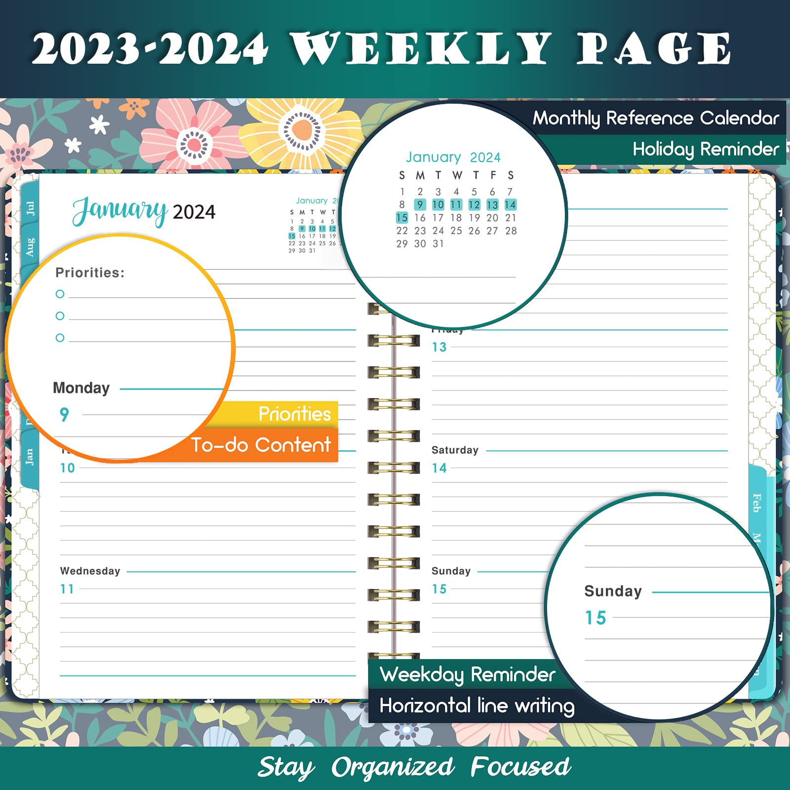 Planner 2023-2024,Academic Planner 2023-2024, July 2023,June 2024, with Weekly and Monthly Spreads, 6.3''x8.4'', Monthly Tabs, Back Pocket, Holidays, Thick Paper, Strong Binding & Notes