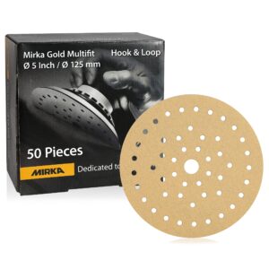 mirka gold multifit 5'' sandpaper grit 80 hook and loop, 50 pack 5 inch sanding discs for orbital sander, sand paper pads for wood, drywall, metal