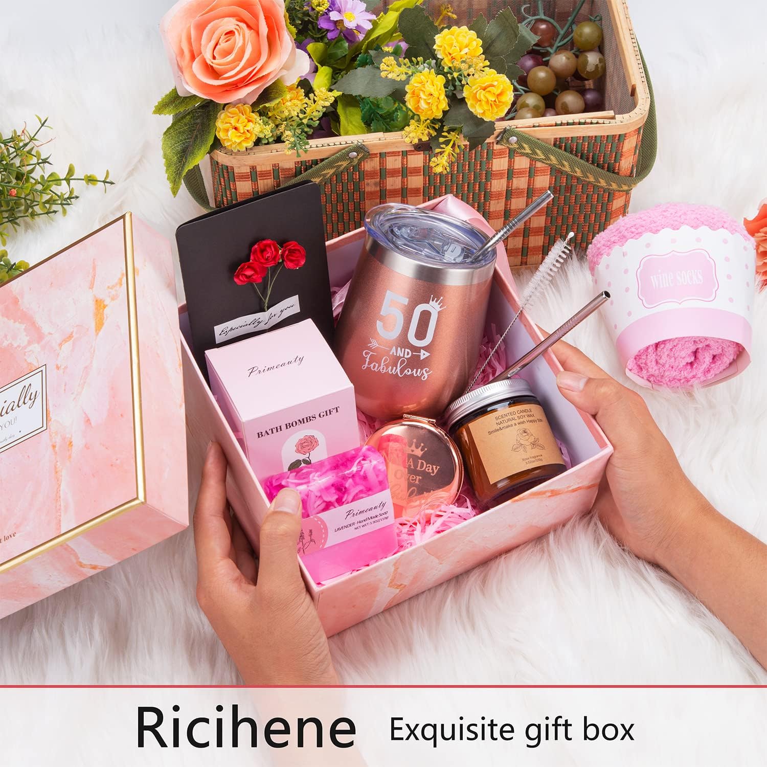 Ricihene 50th Birthday Gifts for Women, Best Friend Gift Basket for Women, Wife, Mom Friend Aunt bestie sistert, 50 Birthday Funny Wine Tumbler Gift Sets for Women 7PCS