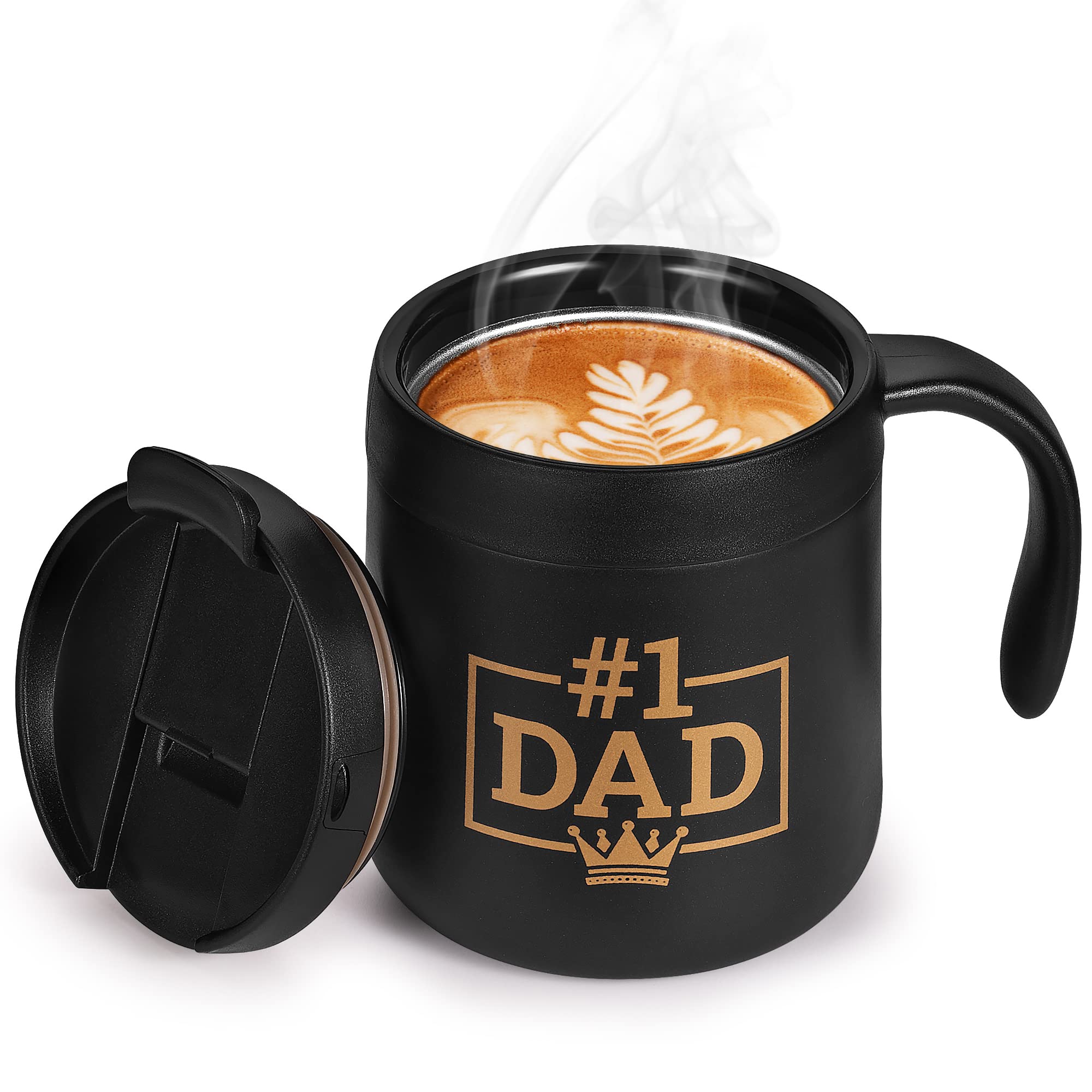 Durossi #1 Dad Coffee Mug with Handle & Lid - Worlds Best Father, Grandpa, Husband, Brother & Friend Gift for Valentines day & Birthday - Travel Gifts Ideas Cup Daughter Son - BPA Free