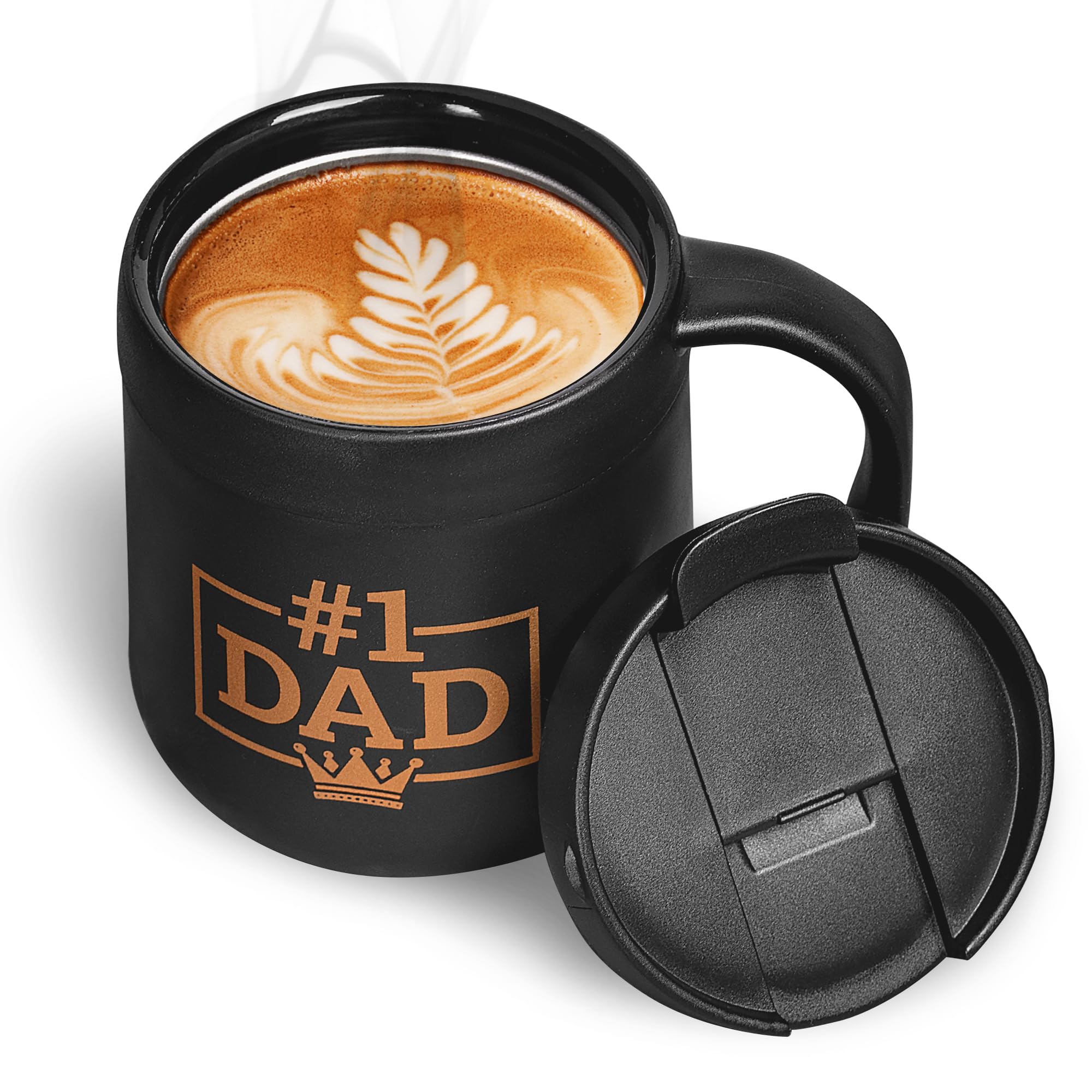 Durossi #1 Dad Coffee Mug with Handle & Lid - Worlds Best Father, Grandpa, Husband, Brother & Friend Gift for Valentines day & Birthday - Travel Gifts Ideas Cup Daughter Son - BPA Free