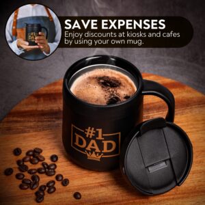 Durossi #1 Dad Coffee Mug with Handle & Lid - Worlds Best Father, Grandpa, Husband, Brother & Friend Gift for Valentines day & Birthday - Travel Gifts Ideas Cup Daughter Son - BPA Free