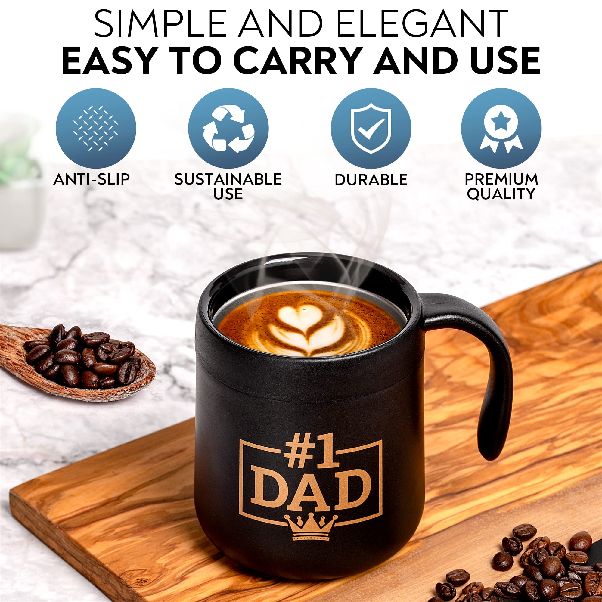 Durossi #1 Dad Coffee Mug with Handle & Lid - Worlds Best Father, Grandpa, Husband, Brother & Friend Gift for Valentines day & Birthday - Travel Gifts Ideas Cup Daughter Son - BPA Free