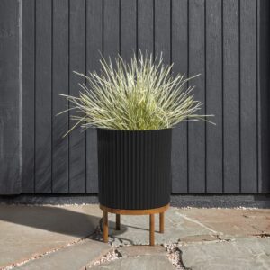 Veradek Demi Series Round Planter w/ Stand for Porch/Patio | Durable Plastic-Concrete & Wooden Stand | Modern Décor for Tall Plants, Flowers