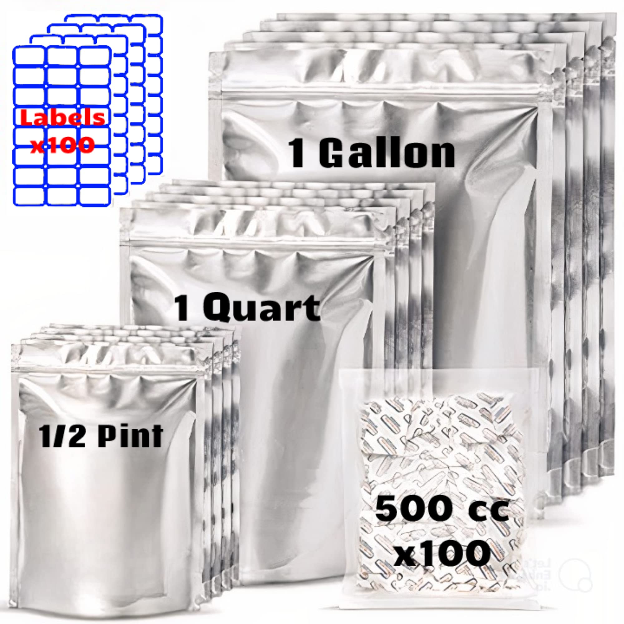 100 Pcs Mylar Bags for Food Storage Zipper Lock - 1 Gallon Mylar Bags with Oxygen Absorbers 500cc - 10 Mil Mega Thick Ziplock Resealable Mylar with 100 Labels