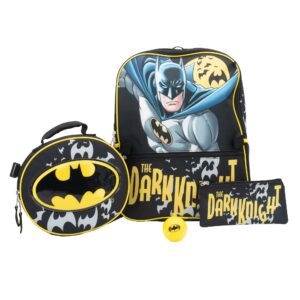 batman 4 piece dark knight backpack set, kids school travel bag with front zip pocket, foam mesh side pockets, 3d insulated lunch box, water bottle, & squish ball dangle, black