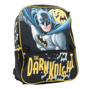 BATMAN 4 Piece Dark Knight Backpack Set, Kids School Travel Bag with Front Zip Pocket, Foam Mesh Side Pockets, 3D Insulated Lunch Box, Water Bottle, & Squish Ball Dangle, Black