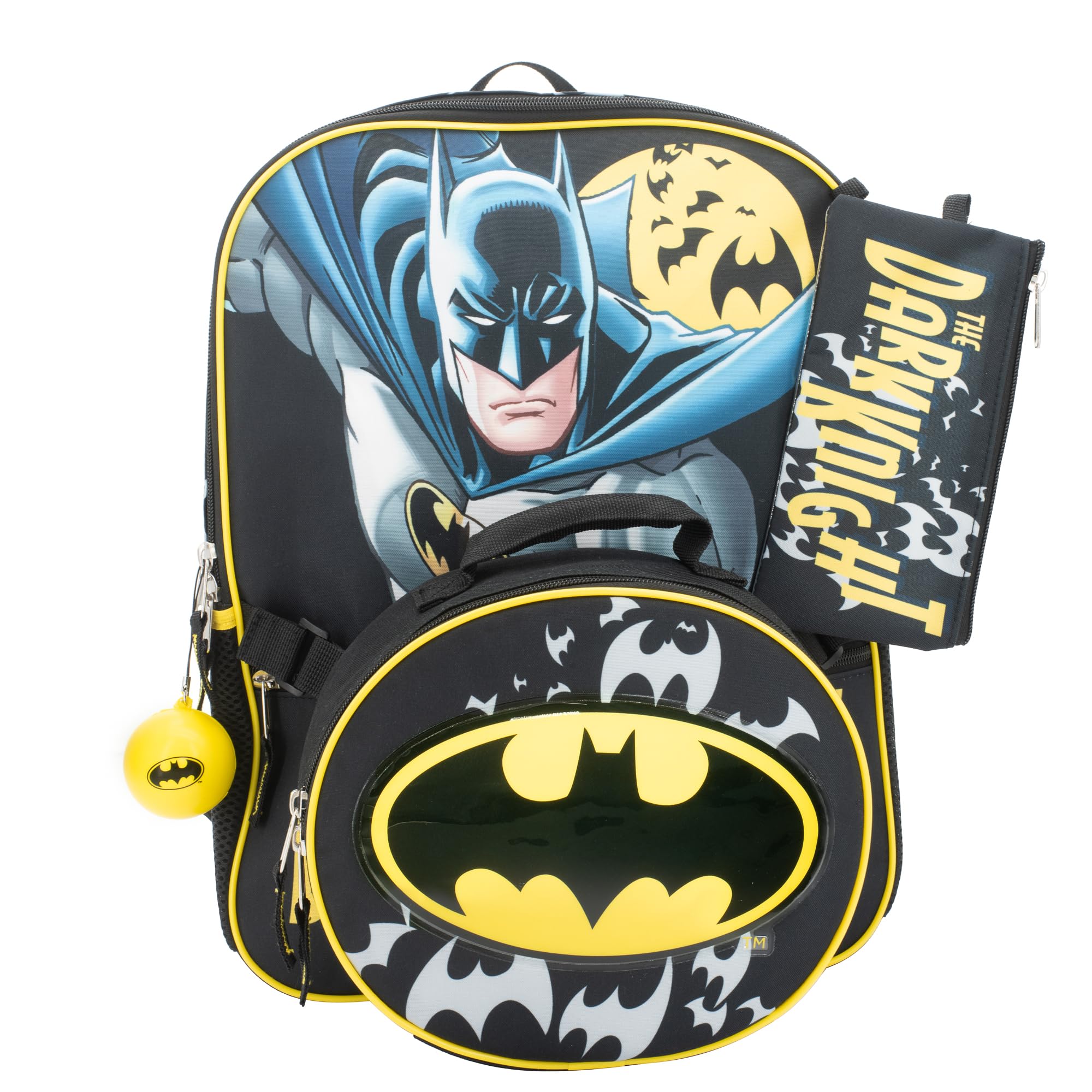 BATMAN 4 Piece Dark Knight Backpack Set, Kids School Travel Bag with Front Zip Pocket, Foam Mesh Side Pockets, 3D Insulated Lunch Box, Water Bottle, & Squish Ball Dangle, Black