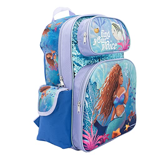 DISNEY The Little Mermaid Movie Backpack, Girls Bookbag with Adjustable Shoulder Straps & Padded Back, 16” Flip Sequin School Bag w/3D Molded Front Pocket