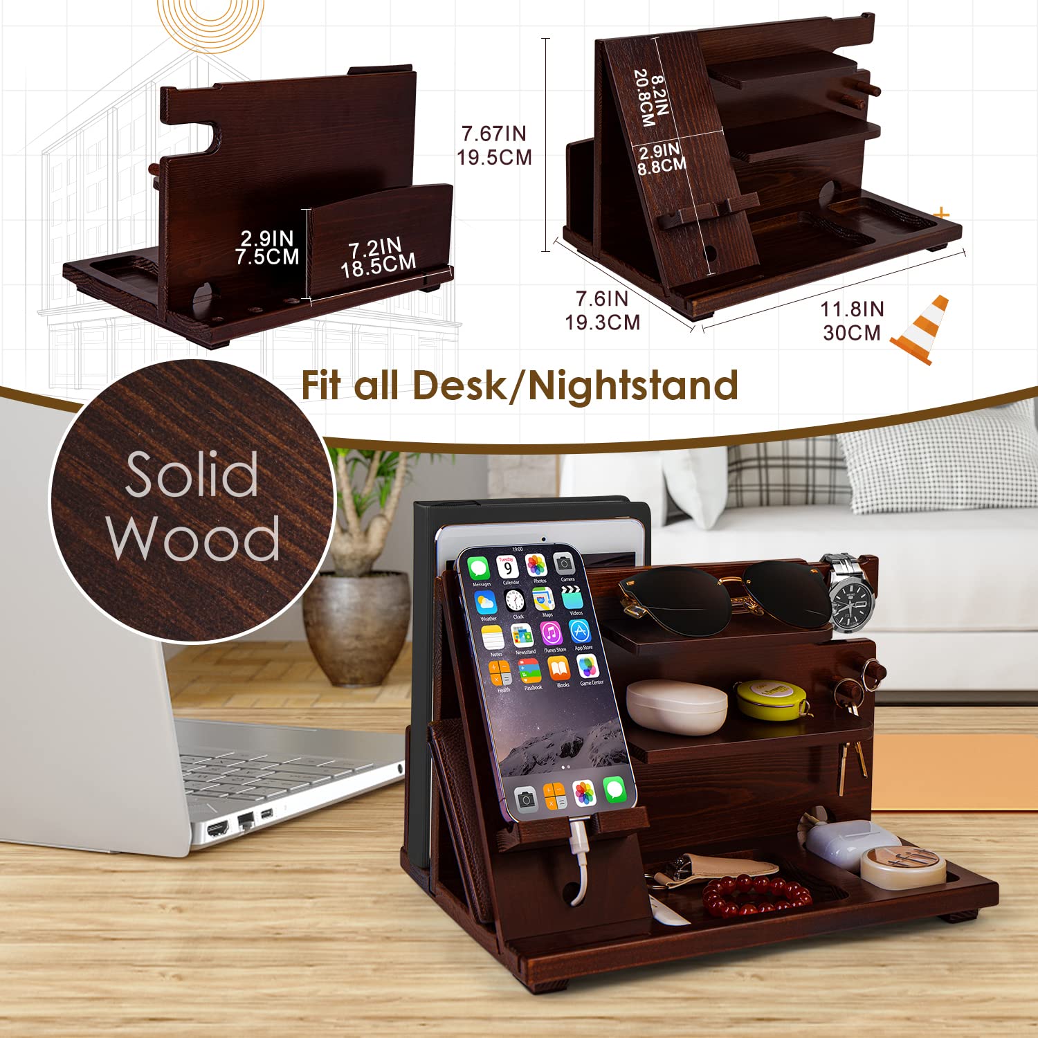 Nightstand Organizer Wooden Docking Station Charging Phone Stand Holder Gadgets Organizer for Wallet Watch Key Wireless Headphones,Dad Gifts Men Birthday Gift Idea from Son Daughter