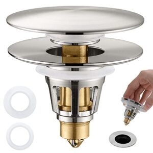 2-in-1 universal bathroom sink stopper - brushed nickel pop up sink drain stopper, brass bounce bullet core sink stopper replacement, wash basin drain filter plug with anti-clogging strainer