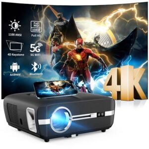 4k daytime gaming projector 1000ansi, wifi 6 bluetooth 1080p fhd projector with apps android tv home cinema indoor outdoor, 4d/zoom/ppt/ceiling projector for phone/pc/dvd/tablet/ps5/fire stick