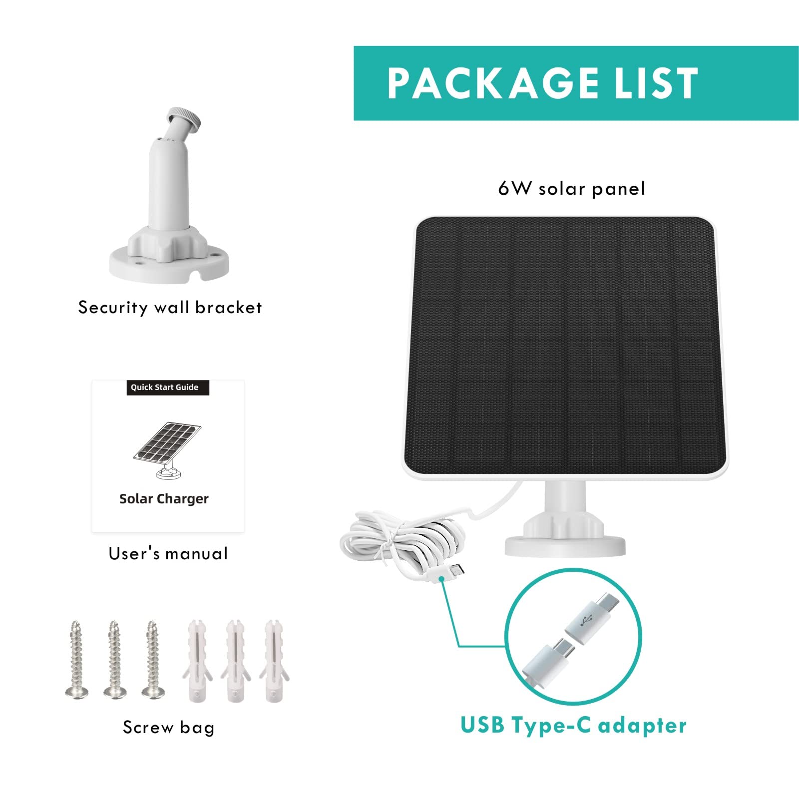 6W Solar Panel for Security Camera, USB Solar Panel Compatible with Rechargeable Battery Powered Camera, Solar Panel with 9.8ft Charge Cable, IP65 Waterproof, Adjustable Security Wall Mount