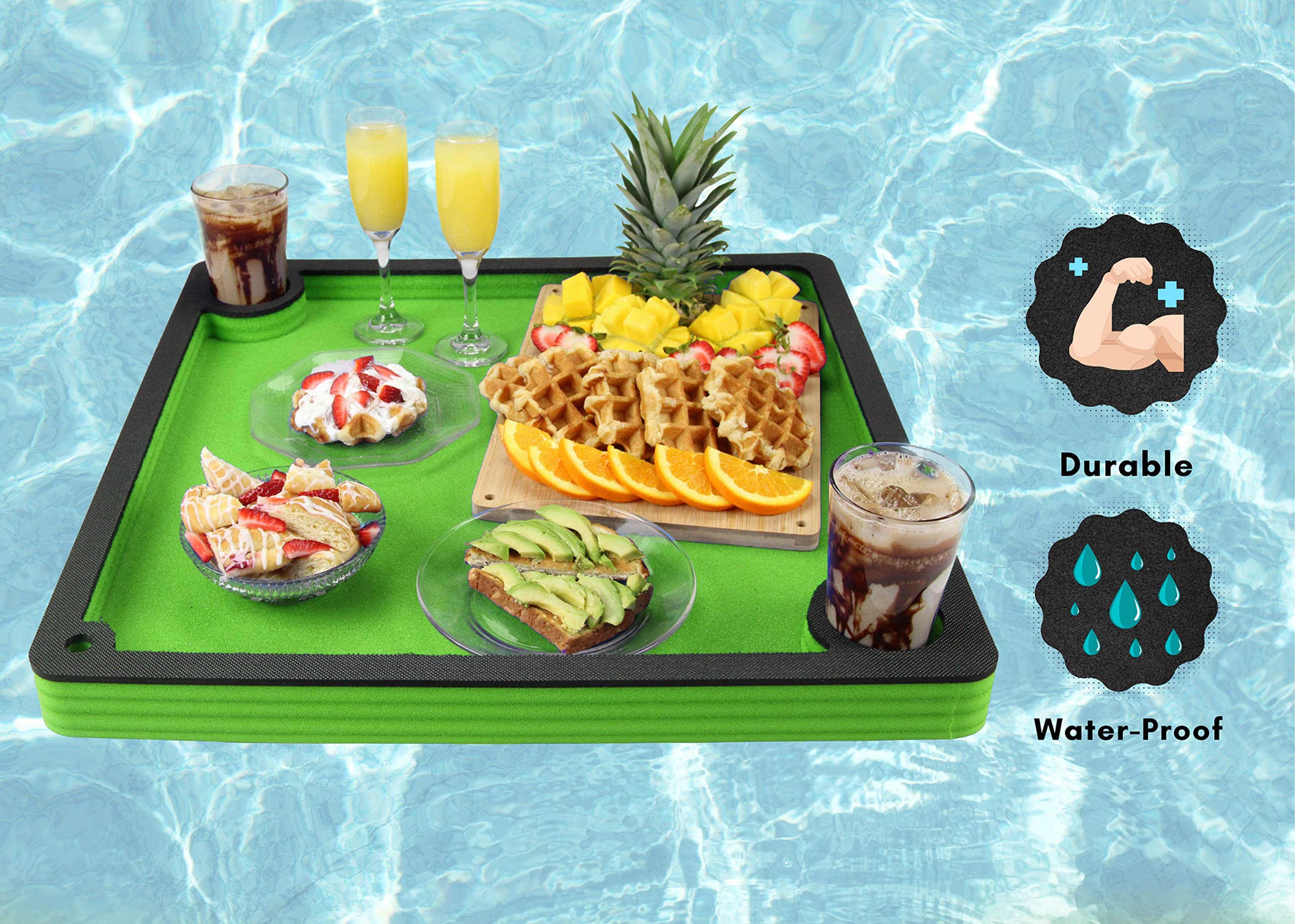 Polar Whale Floating Breakfast Table Serving Buffet Green and Black Tray Drink Holders for Swimming Pool or Beach Party Float Lounge Refreshment Durable Foam UV Resistant with Cup Holders 24 Inches