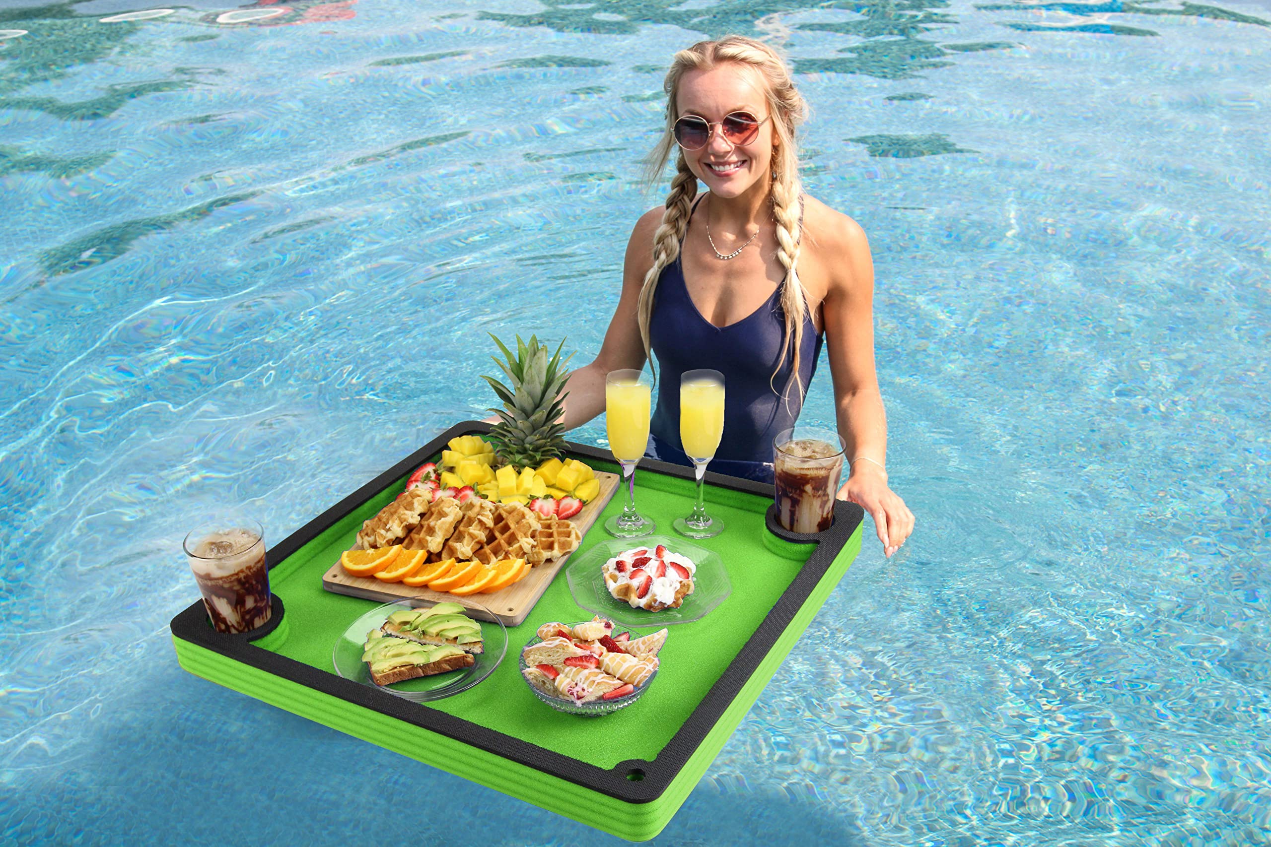 Polar Whale Floating Breakfast Table Serving Buffet Green and Black Tray Drink Holders for Swimming Pool or Beach Party Float Lounge Refreshment Durable Foam UV Resistant with Cup Holders 24 Inches