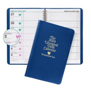 the 2024 liturgical desk calendar | catholic edition | ecclesiastical year | planner lays flat on desk | keep track of daily catholic readings | vestment color guide | organization for church and