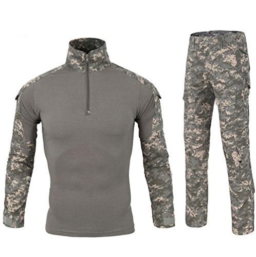 JSFOIRYROU Mens Tactical Combat Shirt & Pants Set Long Sleeve Army Camo Hunting Multicam BDU Hunting Military Uniform 1/4 Zip (Gray-camo,Medium)