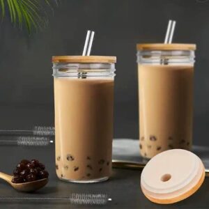 24oz Tumblers with Lids and Straws, Reusable Water Bottle, Glass Cups with Bamboo Lid and Straw Set, Iced Coffee, Bubble Tea, Smoothies