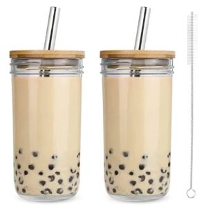 24oz tumblers with lids and straws, reusable water bottle, glass cups with bamboo lid and straw set, iced coffee, bubble tea, smoothies
