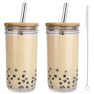24oz Tumblers with Lids and Straws, Reusable Water Bottle, Glass Cups with Bamboo Lid and Straw Set, Iced Coffee, Bubble Tea, Smoothies