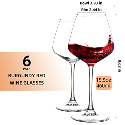 Red Wine Glasses Set of 6, Burgundy Wine Glasses, 15.5 oz, Long Stem Wine Glasses Fit for Wine Tasting, Party, Wedding - Clear Glass