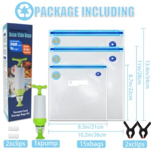 Sous Vide Bags 20pack Kit,Daarcin 3 Sizes Sous Vide Bag Kit with Pump-15 BPA Free Reusable Vacuum Sealer Bags-1 Hand Pump-2 Zipper Clips-2 Clamps for Food Storage and Sous Vide Cooking