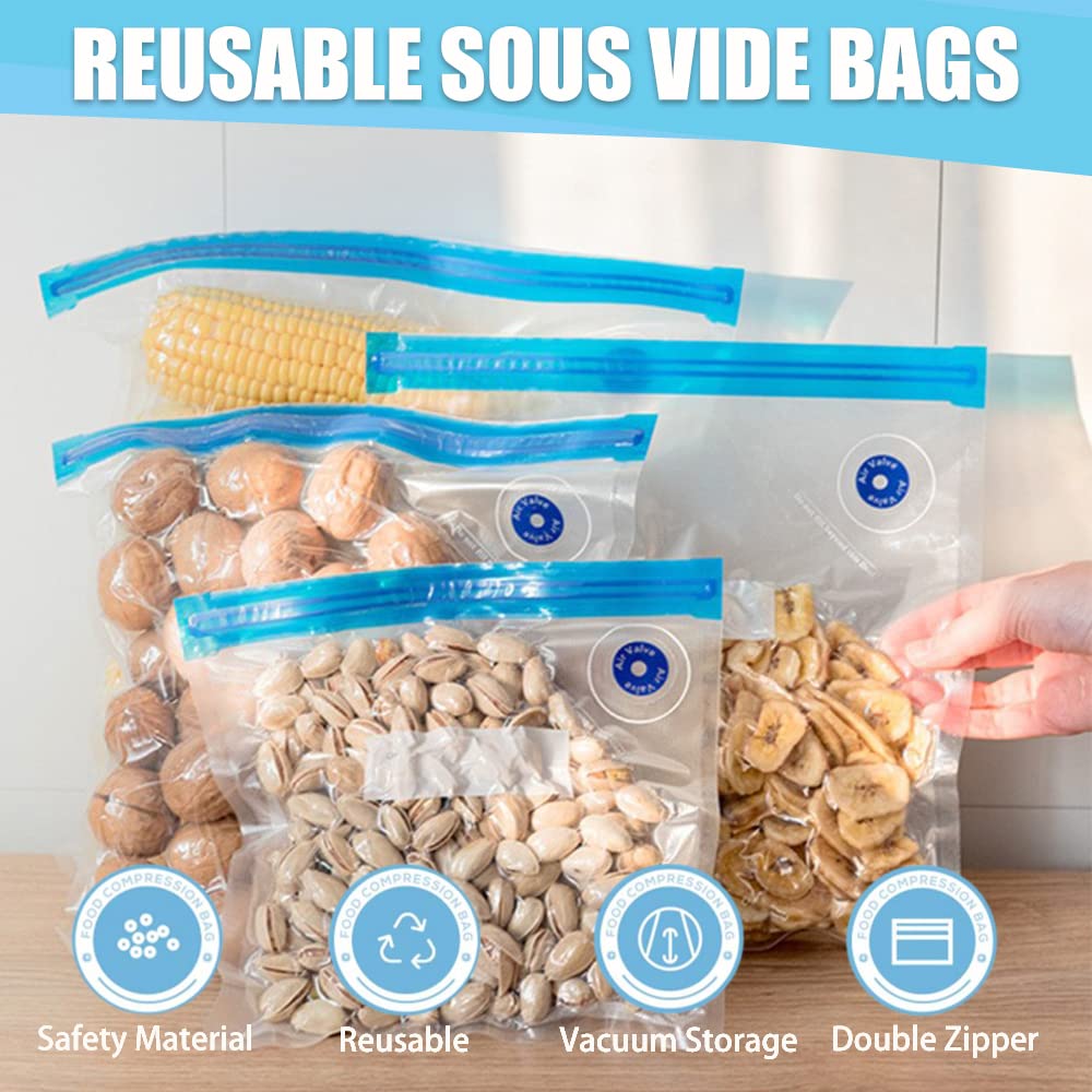 Sous Vide Bags 20pack Kit,Daarcin 3 Sizes Sous Vide Bag Kit with Pump-15 BPA Free Reusable Vacuum Sealer Bags-1 Hand Pump-2 Zipper Clips-2 Clamps for Food Storage and Sous Vide Cooking