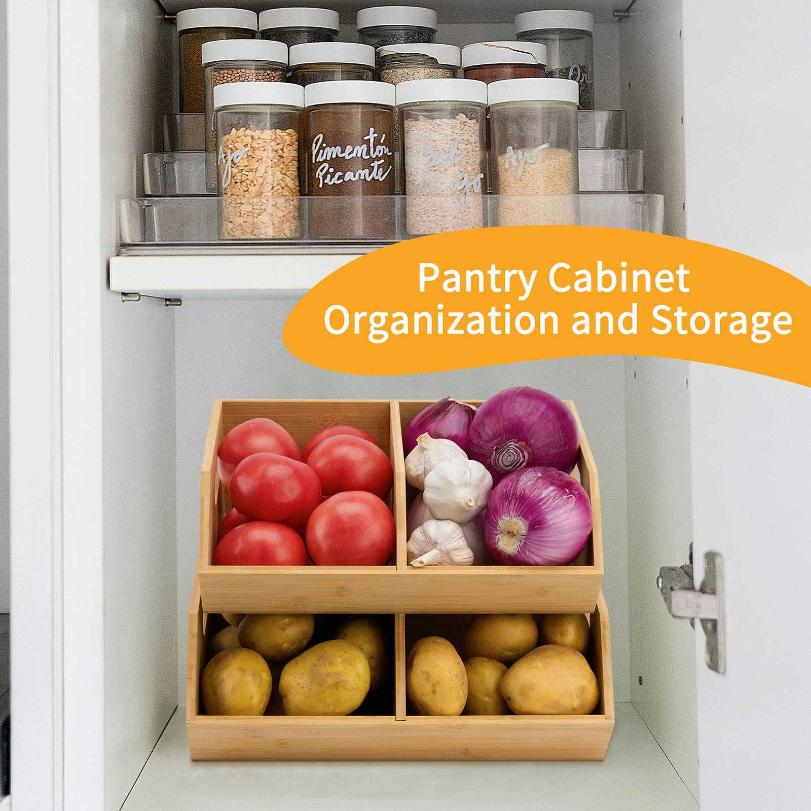 otovioia 2 Set Bamboo Storage Bin, Pantry Organization and Storage Baskets, Kitchen Organization, Potato and Onion Storage Bin - Ideal for Pantry, Countertop, and Vegetable Storage