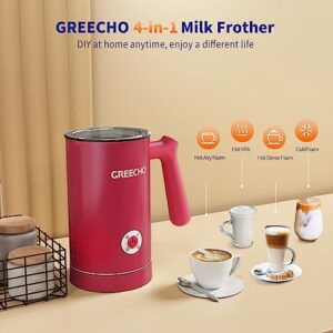 Milk Frother and Steamer, GREECHO 4 IN 1 Electric Milk Frother, 10.2oz/300ml Automatic Warm & Cold Milk Foamer for Coffee, Latte, Silent Operation & Automatic Shut-off, Viva Magenta Rose Red