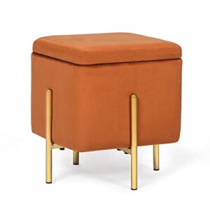 adeco velvet upholstered square storage ottoman, vanity stool footrest with sturdy metal legs in gold finish, small coffee table side table for living room bedroom couch (orange)