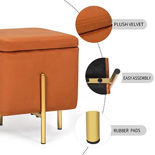 Adeco Velvet Upholstered Square Storage Ottoman, Vanity Stool Footrest with Sturdy Metal Legs in Gold Finish, Small Coffee Table Side Table for Living Room Bedroom Couch (Orange)
