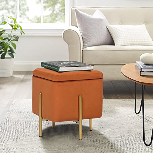 Adeco Velvet Upholstered Square Storage Ottoman, Vanity Stool Footrest with Sturdy Metal Legs in Gold Finish, Small Coffee Table Side Table for Living Room Bedroom Couch (Orange)