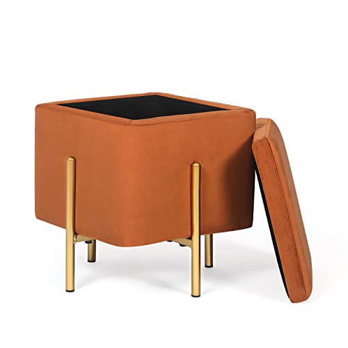 Adeco Velvet Upholstered Square Storage Ottoman, Vanity Stool Footrest with Sturdy Metal Legs in Gold Finish, Small Coffee Table Side Table for Living Room Bedroom Couch (Orange)