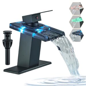 fcoteeu led bathroom sink faucet, matte black bathroom faucet single handle waterfall glass spout vanity rv bathroom faucets for sink 1 hole with pop up drain and water supply lines