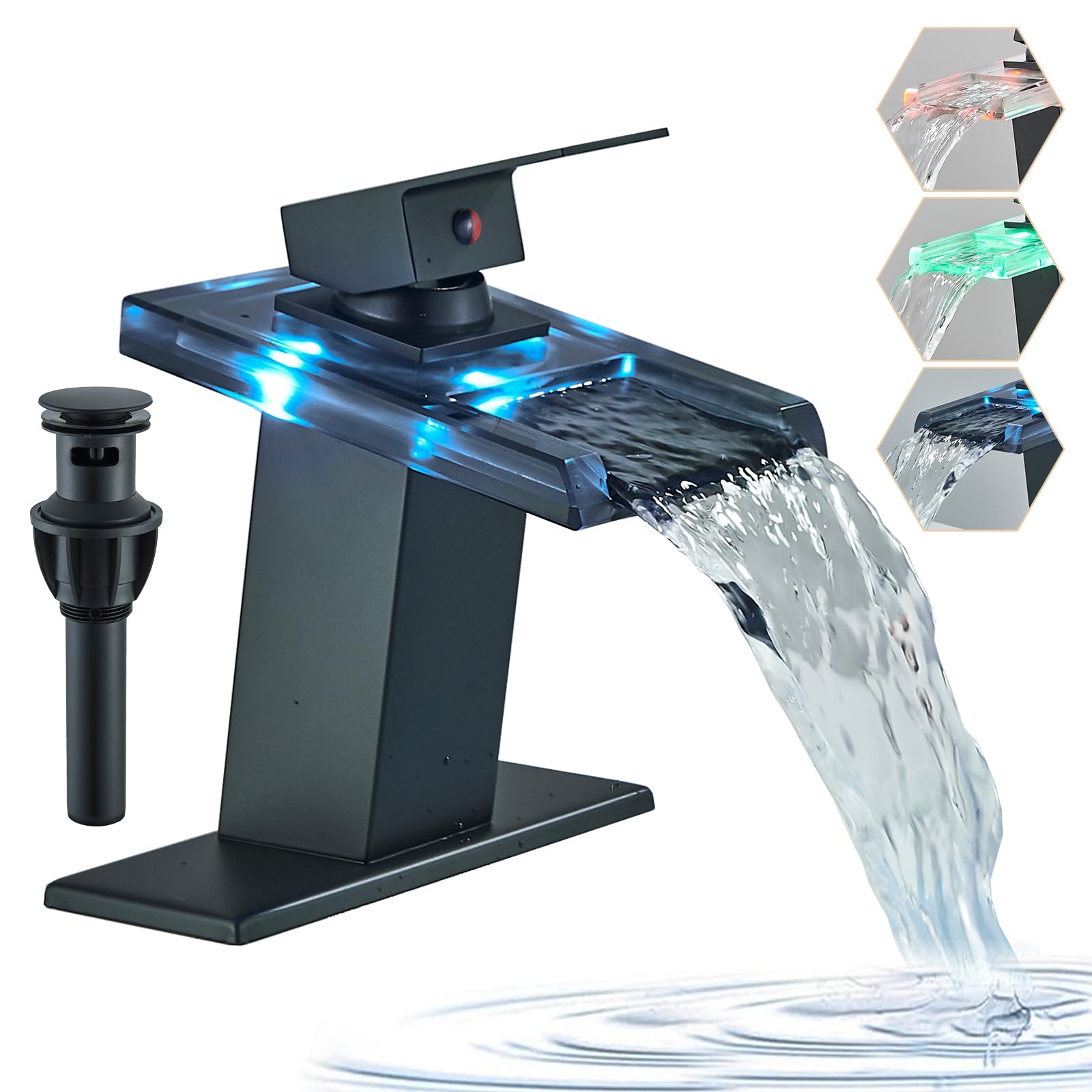 FCOTEEU LED Bathroom Sink Faucet, Matte Black Bathroom Faucet Single Handle Waterfall Glass Spout Vanity RV Bathroom Faucets for Sink 1 Hole with Pop Up Drain and Water Supply Lines