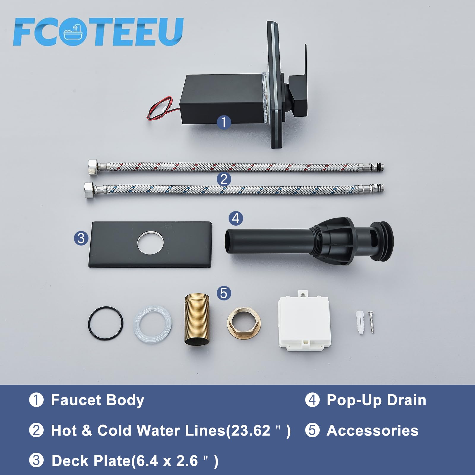 FCOTEEU LED Bathroom Sink Faucet, Matte Black Bathroom Faucet Single Handle Waterfall Glass Spout Vanity RV Bathroom Faucets for Sink 1 Hole with Pop Up Drain and Water Supply Lines