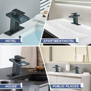 FCOTEEU LED Bathroom Sink Faucet, Matte Black Bathroom Faucet Single Handle Waterfall Glass Spout Vanity RV Bathroom Faucets for Sink 1 Hole with Pop Up Drain and Water Supply Lines