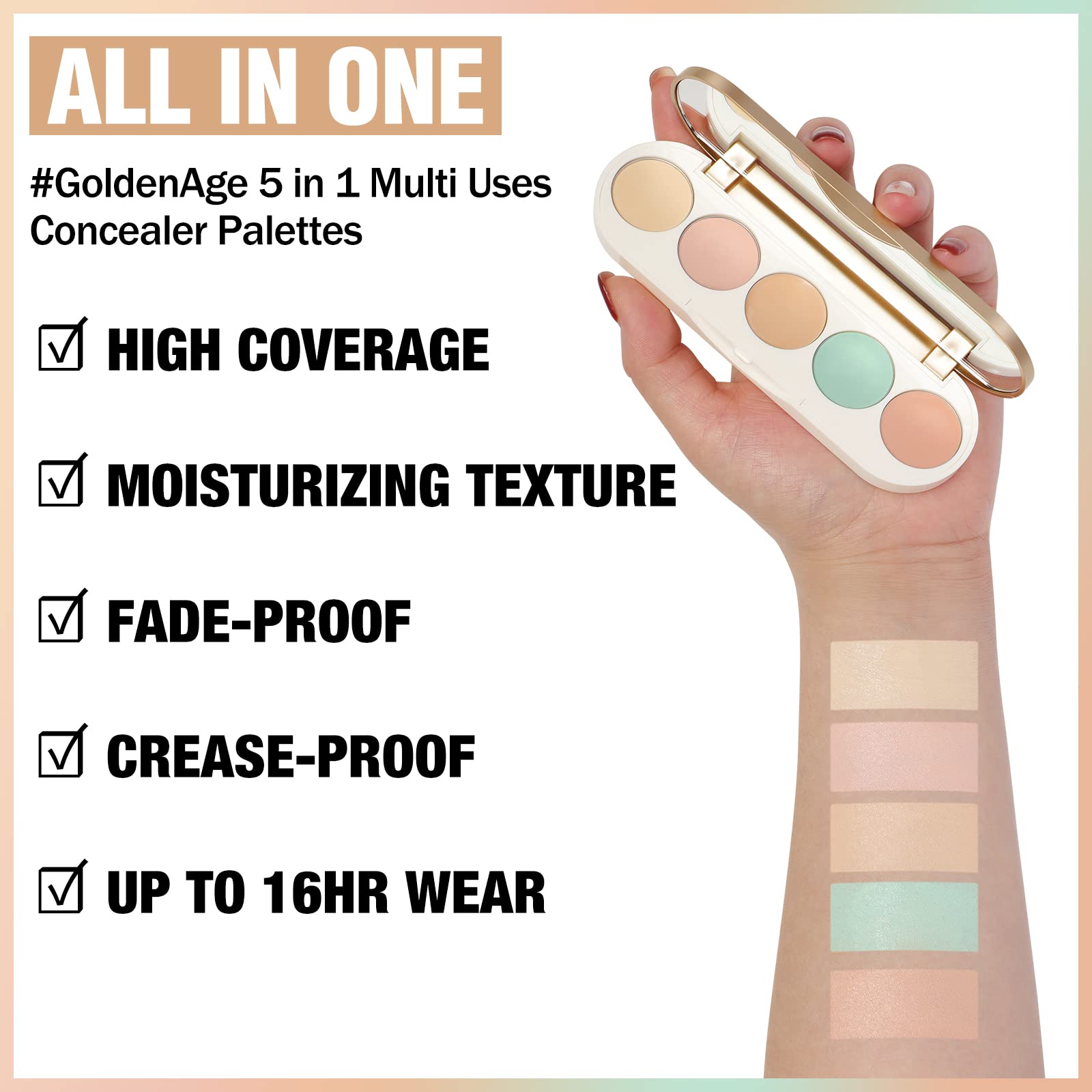 FOCALLURE #GoldenAge 5 in 1 Multi Uses Concealer Palette, 5 Colors Correcting Conceal Palette, Camouflage Contour Palettes for Dark Circles, Face Contouring Highlighter Pallet, CC01 LIGHT-CORRECTING